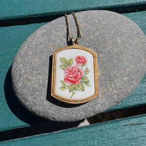 Vintage Avon Rose Floral Pendant with Gold Tone Frame and Chain